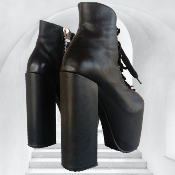 UNIF 7 BLACK LEATHER HELLHOUND PLATFORM BOOTS goth club dance Halloween U.N.I.F. - Picture 5 of 16